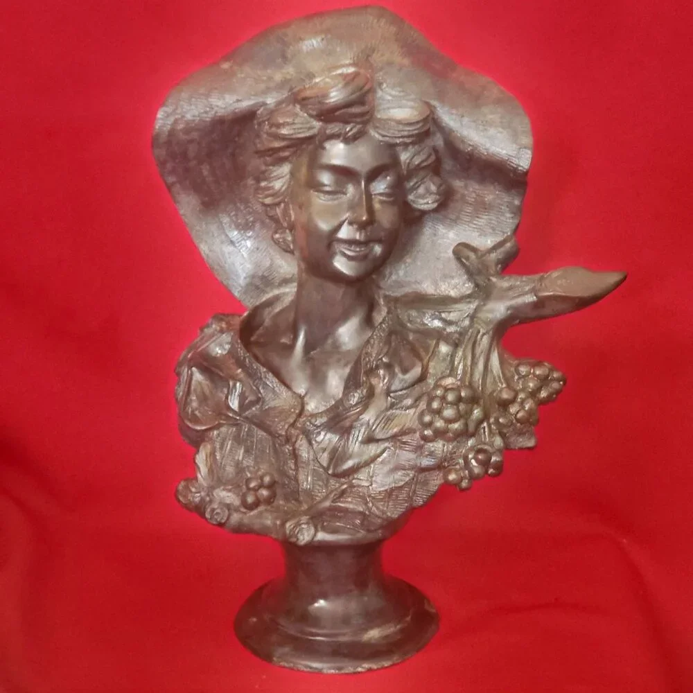 Maitland Smith Large Metal Brass Bust Lady of the Grapes Sculpture 14 Inches Tal
